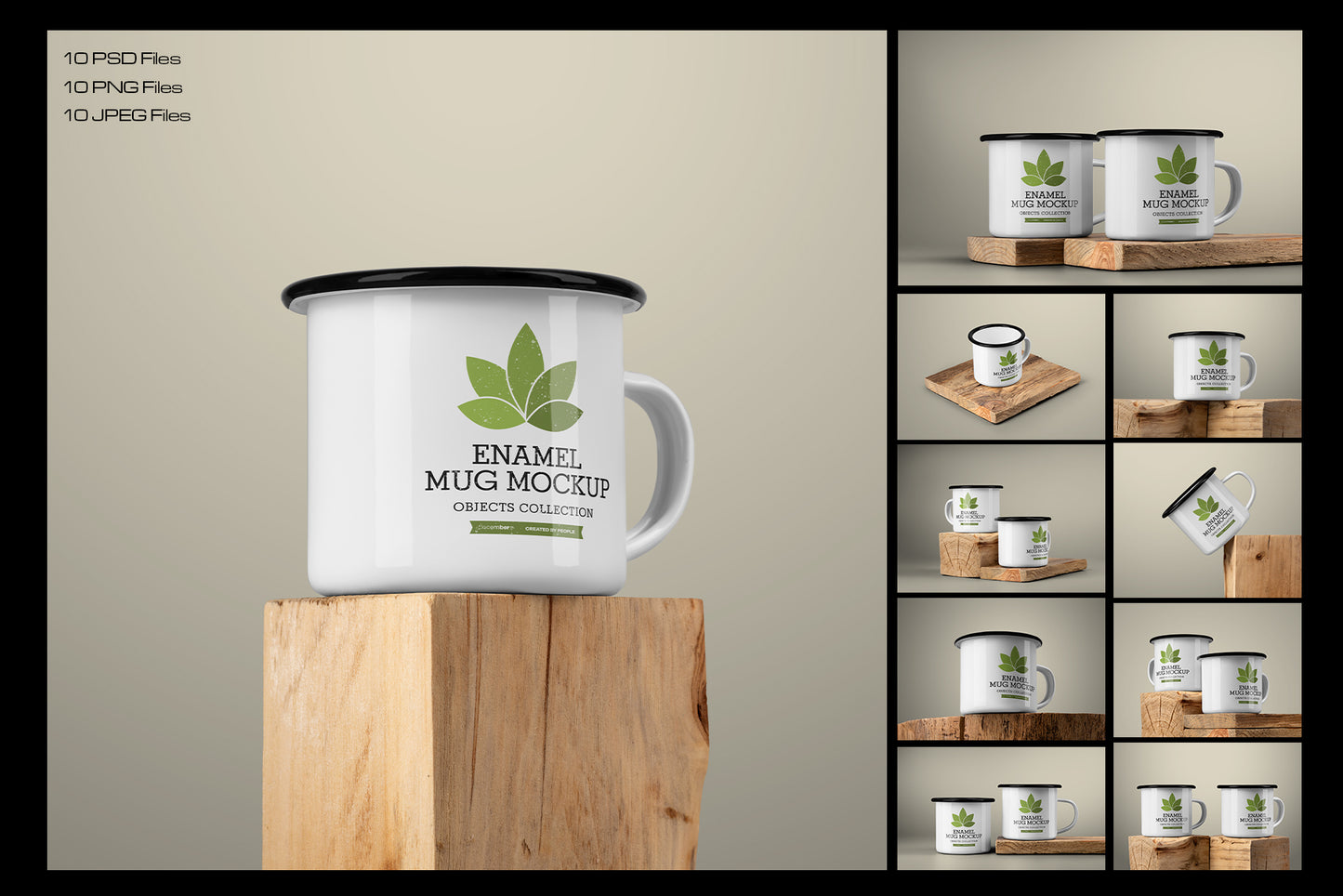 10 Mockups of Enamel Metal Mug with Black Border on Old Wood