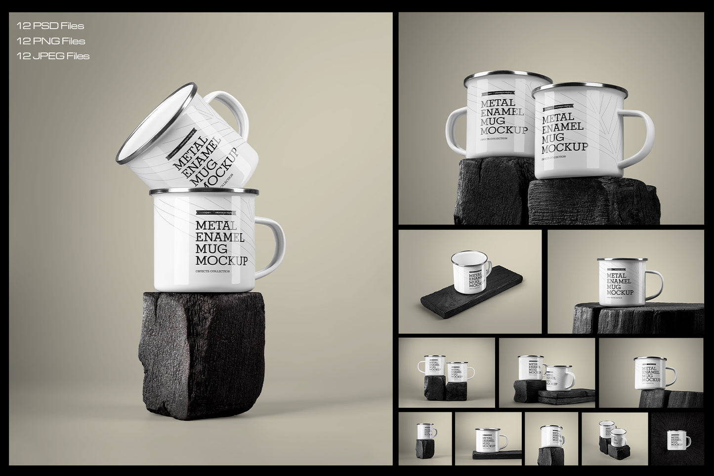 12 Mockups of Enamel Metal Mug on Burnt Wood Bar