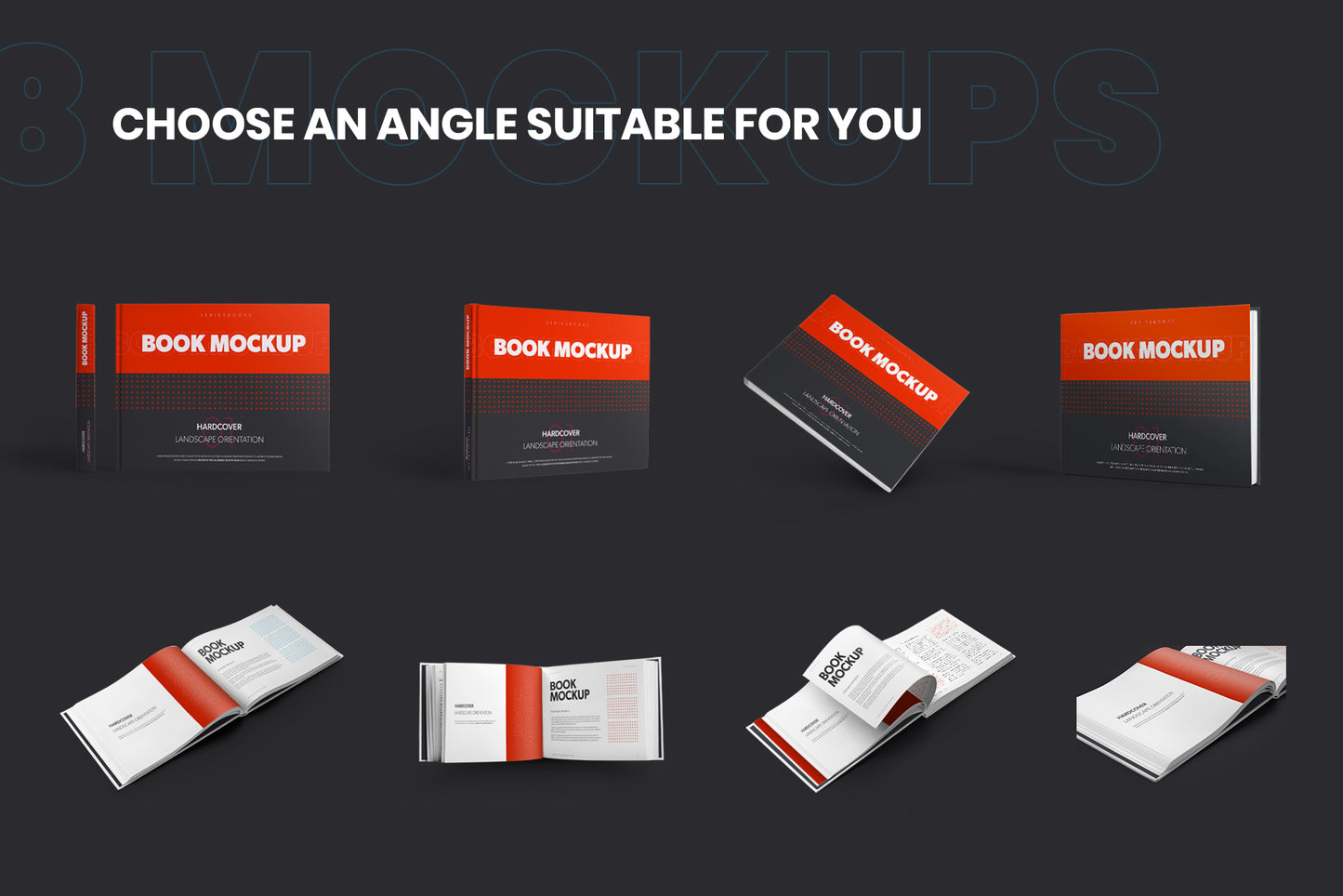 8 Book Mockups Hard Cover Landscape Oriantation. Set 2.
