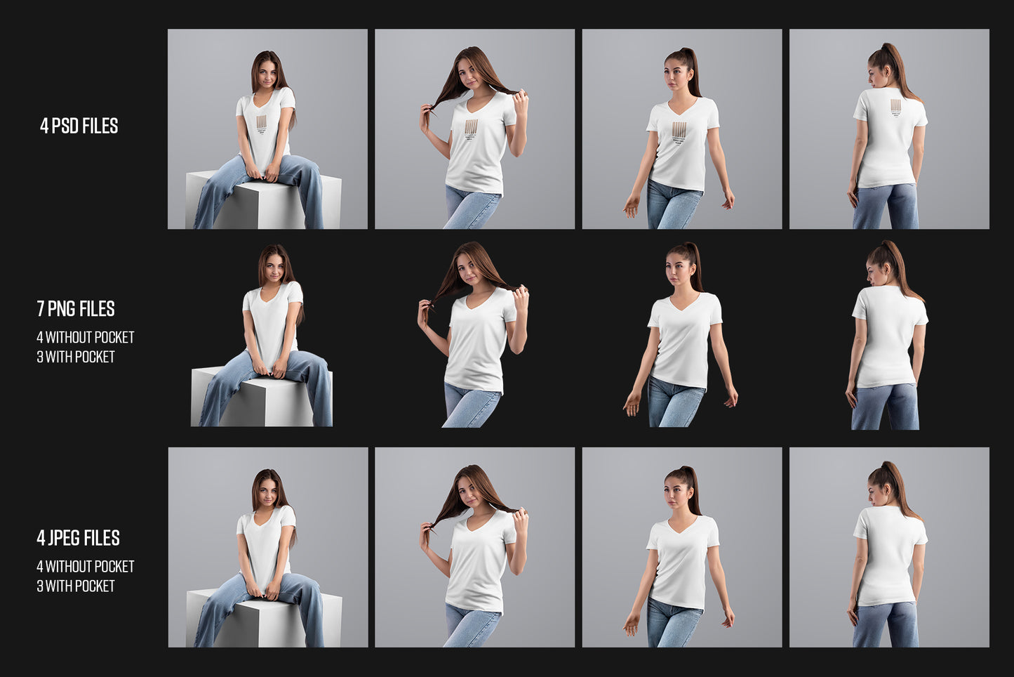 4 Mockup Woman V-Neck T-Shirt with a Chest Pocket