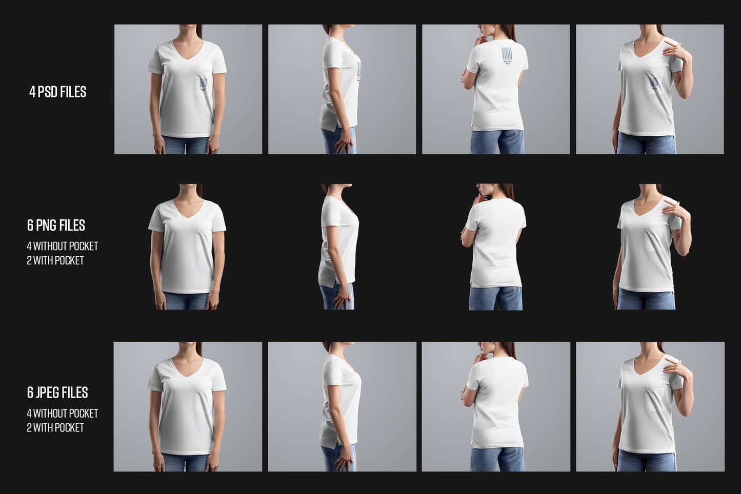 4 Mockup Woman V-Neck T-Shirt with a Chest Pocket. vol.02