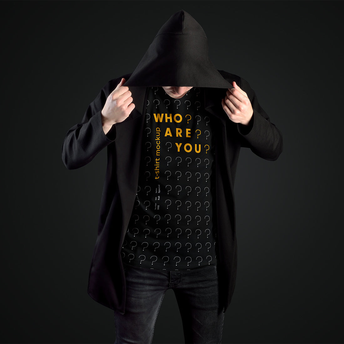 11 Mockups Man T-Shirts in a Black Hood Mantle