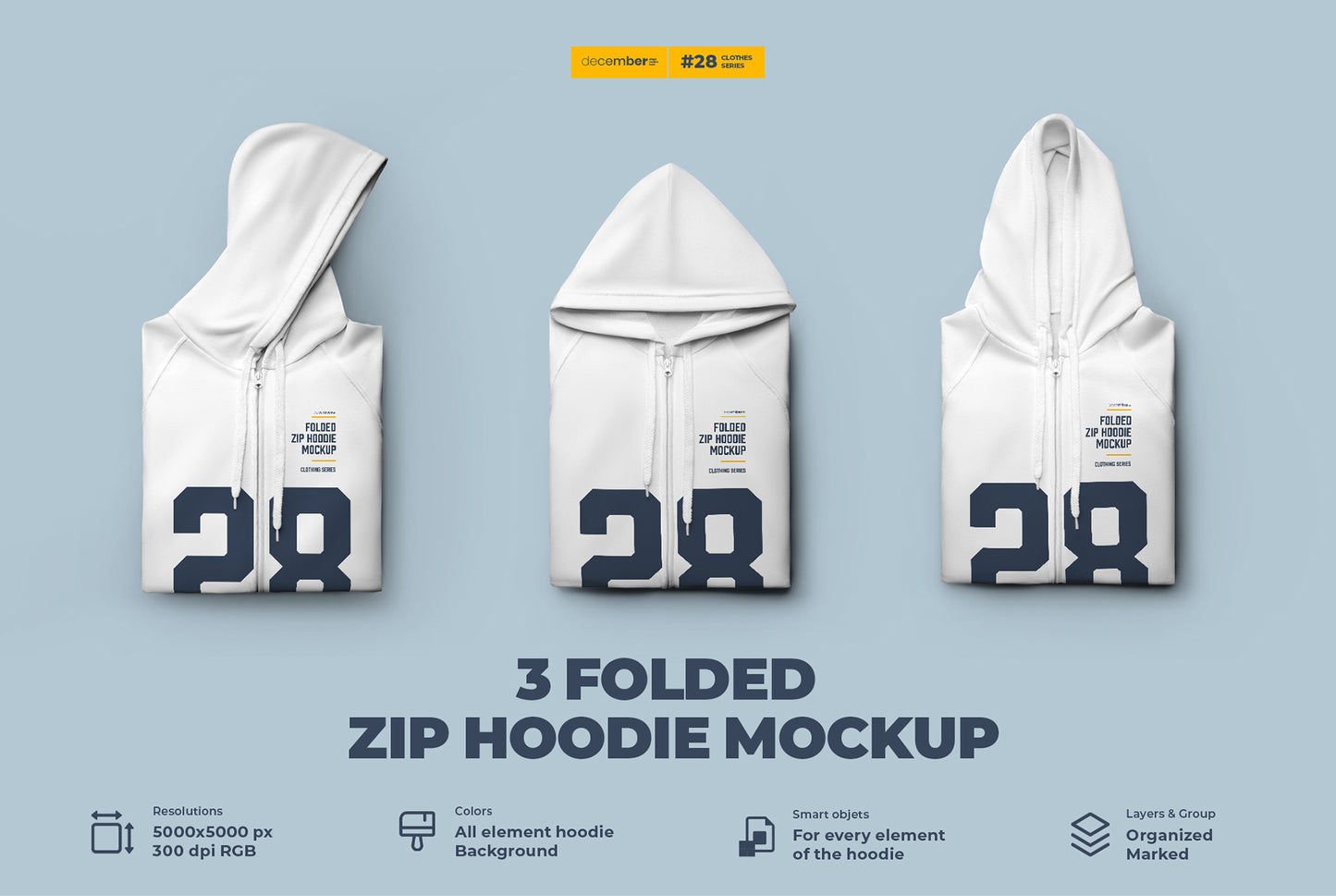 3 Folded Zip Hoodie Mockup