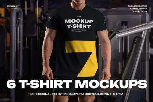 6 Mockups of the Men's T-shirt on the Bodybuilder in the Gym. T-shirt with a Round Neck