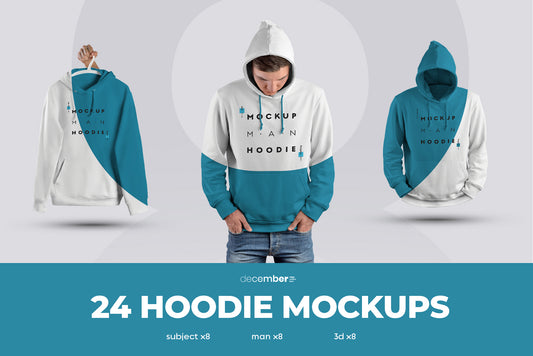 24 mockups hoodie on the man, 3D and isolated objects