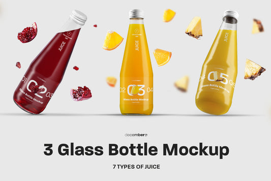 3 Mockup Glass Juice Bottle. 7 juice samples for each bottle
