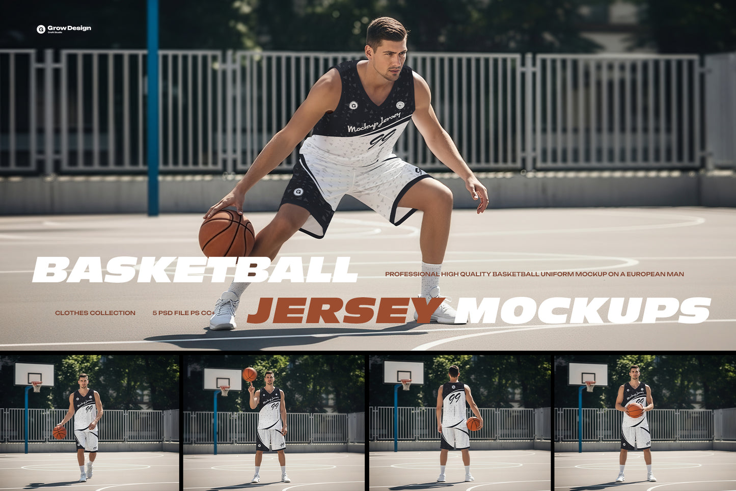5 Basketball Uniform Mockups on a European Male on an Outdoor Court. Generated AI