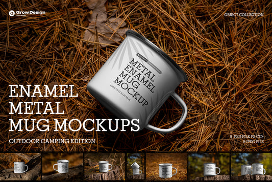 8 Enamel Metal Mug Mockups – Outdoor Camping Edition, 5K High-Res PSD