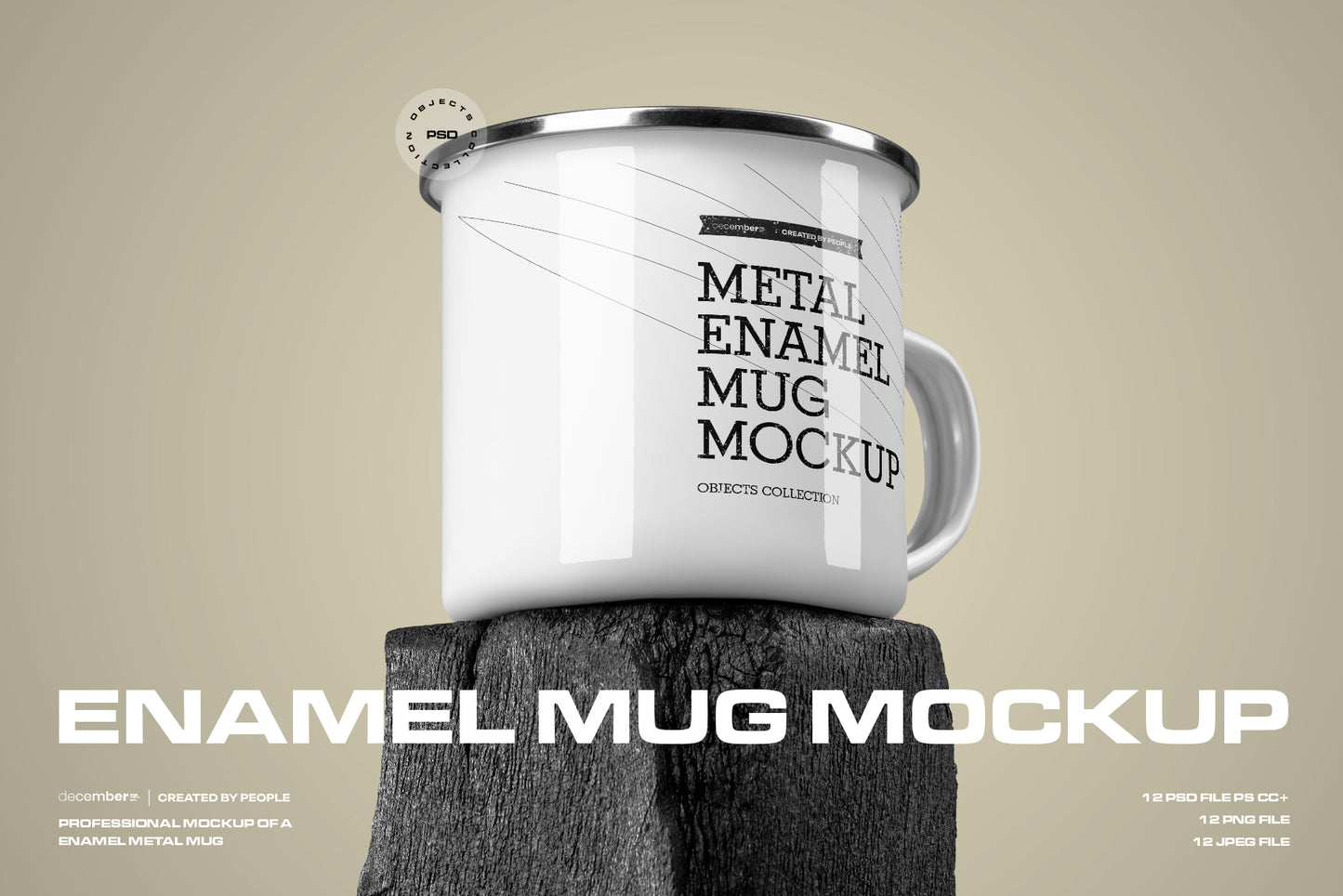 12 Mockups of Enamel Metal Mug on Burnt Wood Bar