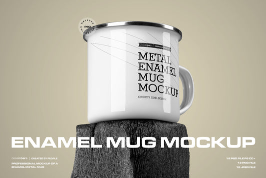 12 Mockups of Enamel Metal Mug on Burnt Wood Bar