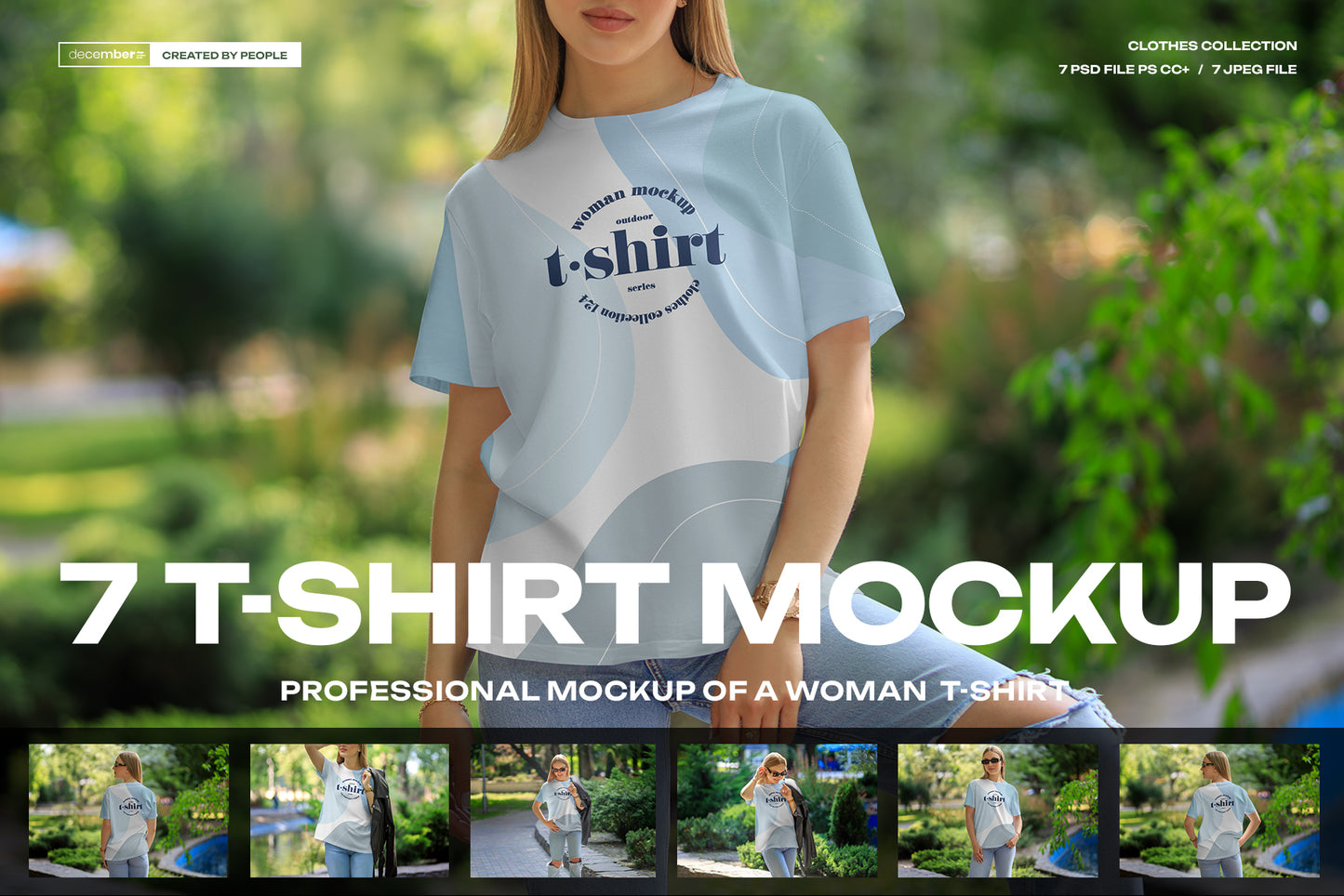 7 Mockups T-Shirt on a Girl Walking in the Outdoor. Vol.06