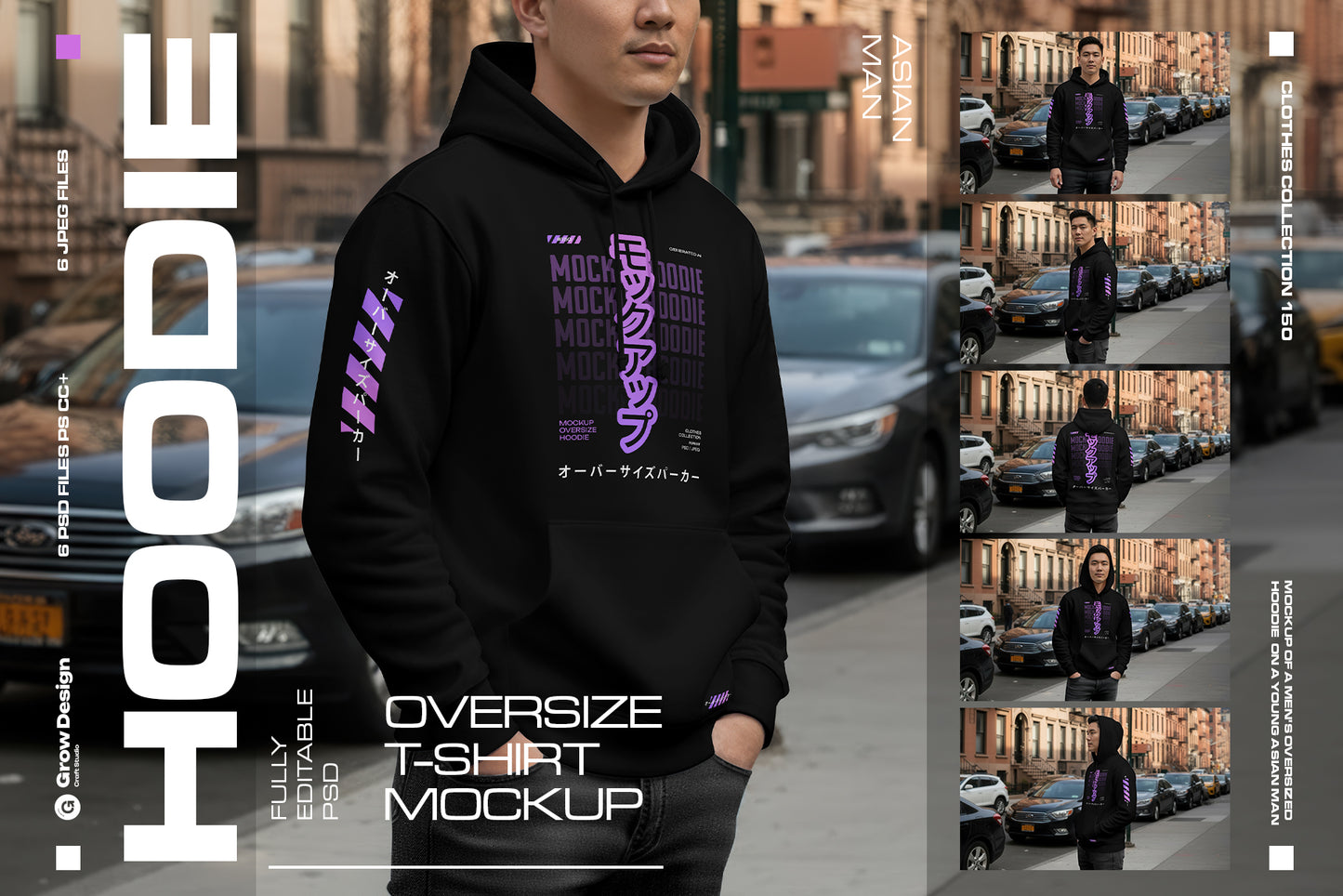 6 Urban Streetwear Hoodie Mockup on Asian Man. Generated AI