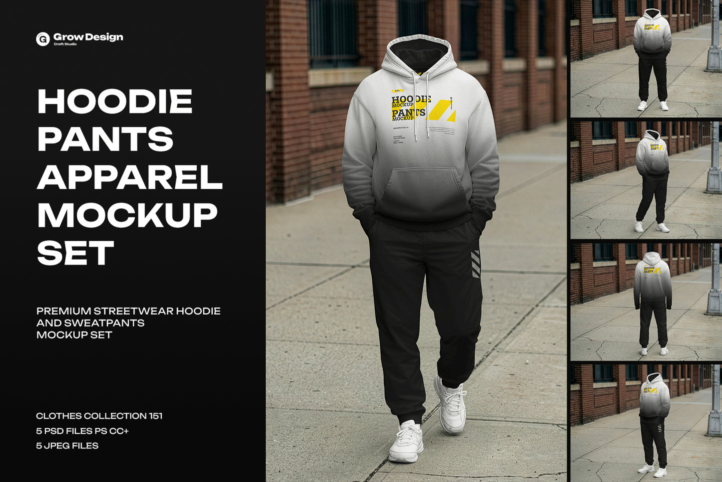 5 Walking Pose Hoodie Pants Apparel Mockup Set. Generated AI