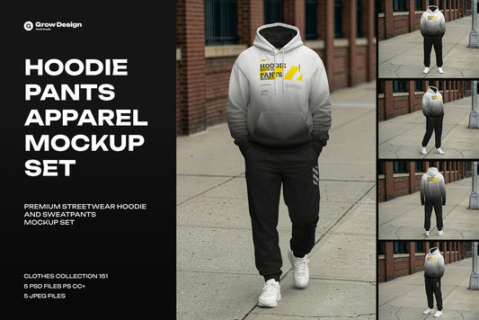 5 Walking Pose Hoodie Pants Apparel Mockup Set. Generated AI