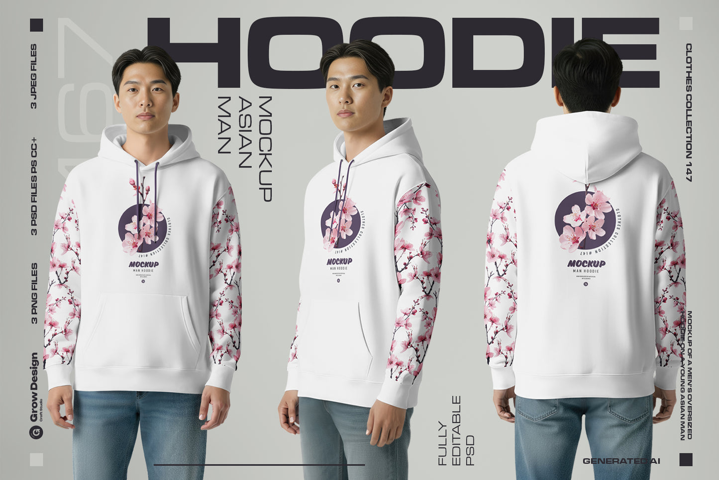 3 Oversized Hoodie Mockups on Asian Man. Vol.01. Generated AI