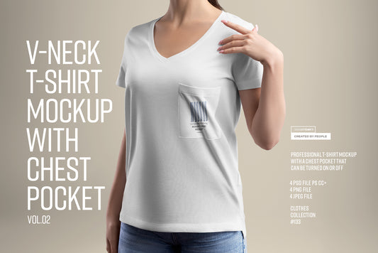 4 Mockup Woman V-Neck T-Shirt with a Chest Pocket. vol.02