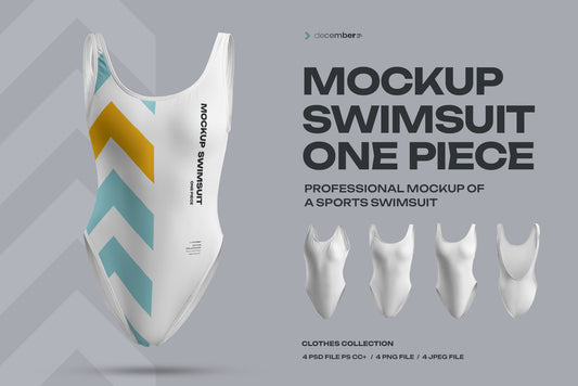 4 Mockups of a One Piece Sports Women's Swimsuit. 3D Style