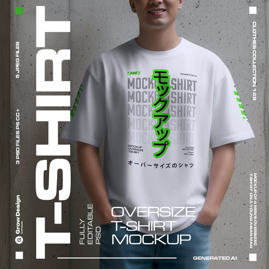 5 Oversized T-Shirt Mockups on Asian Man. Urban Series #1. Generated AI
