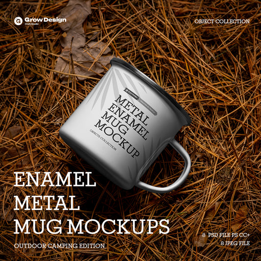 8 Enamel Metal Mug Mockups – Outdoor Camping Edition, 5K High-Res PSD