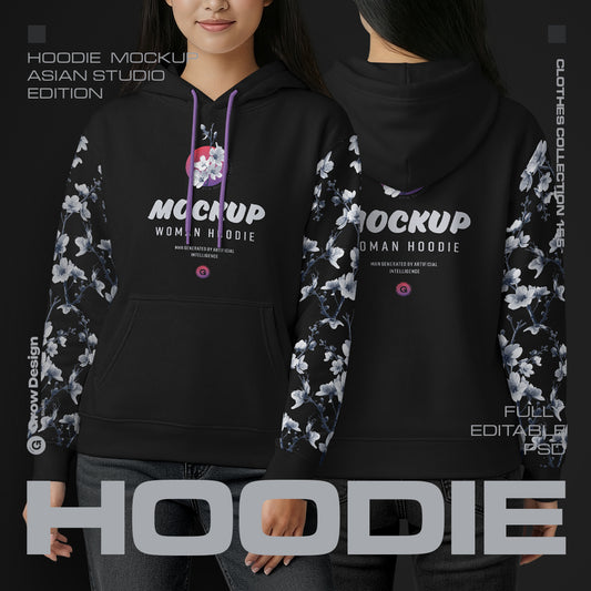 Women Hoodie Mockup Set Asian Model Studio. Generated Ai