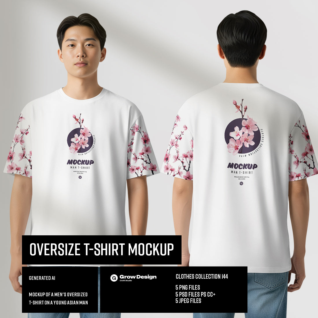 5 Oversized T-Shirt mockups on Asian Man. Vol.01. Generated AI