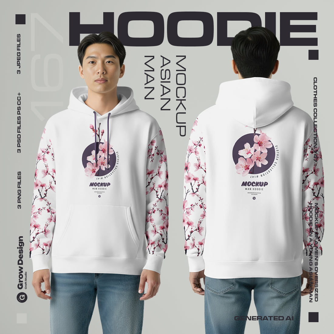 3 Oversized Hoodie Mockups on Asian Man. Vol.01. Generated AI