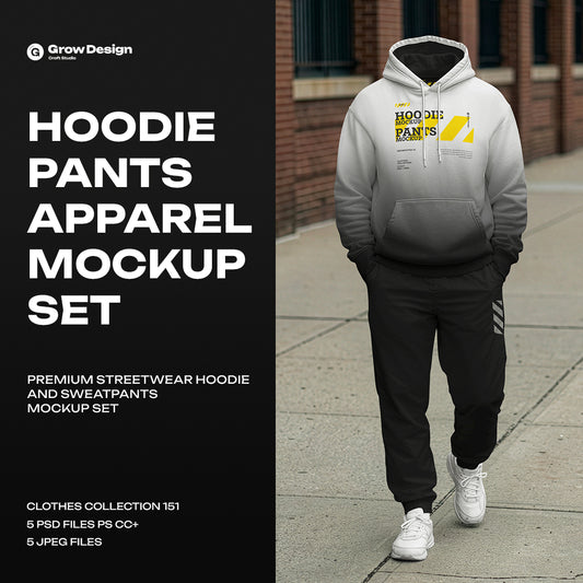 5 Walking Pose Hoodie Pants Apparel Mockup Set. Generated AI