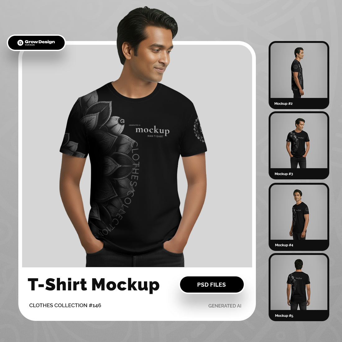 5 T-Shirt Mockups on Indian Man. Vol.01. Generated AI