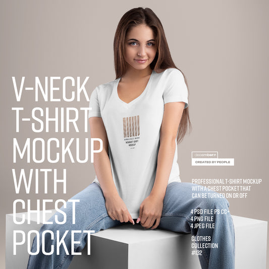 4 Mockup Woman V-Neck T-Shirt with a Chest Pocket