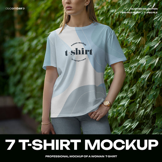 7 Mockups T-Shirt on a Girl Walking in the Green Street