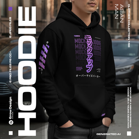 6 Urban Streetwear Hoodie Mockup on Asian Man. Generated AI