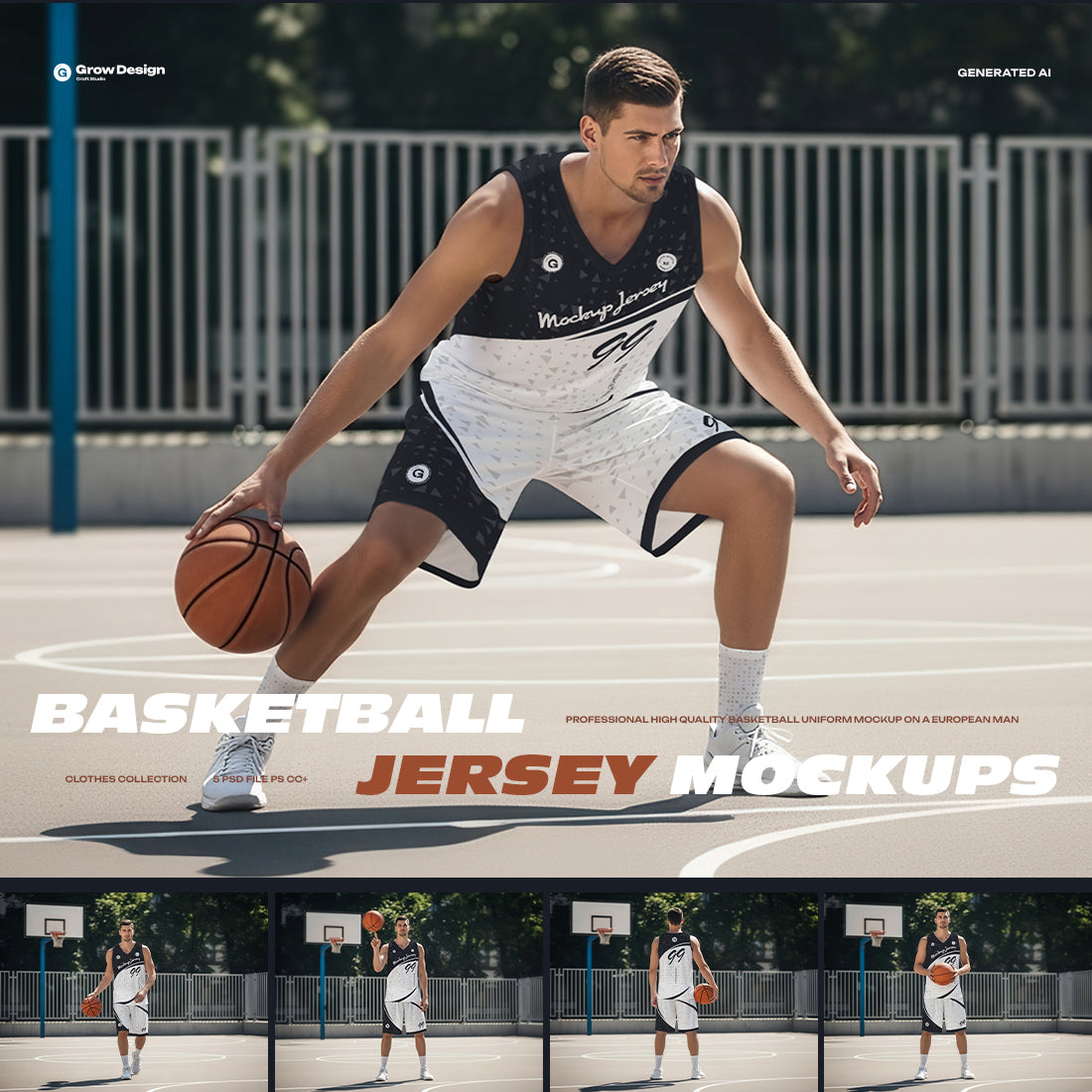 5 Basketball Uniform Mockups on a European Male on an Outdoor Court. Generated AI