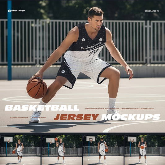 5 Basketball Uniform Mockups on a European Male on an Outdoor Court. Generated AI