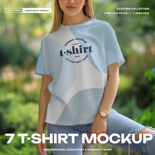 7 Mockups T-Shirt on a Girl Walking in the Outdoor. Vol.06