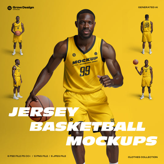 6 Basketball Jersey Mockups on a Dark-Skinned Model. Generated AI