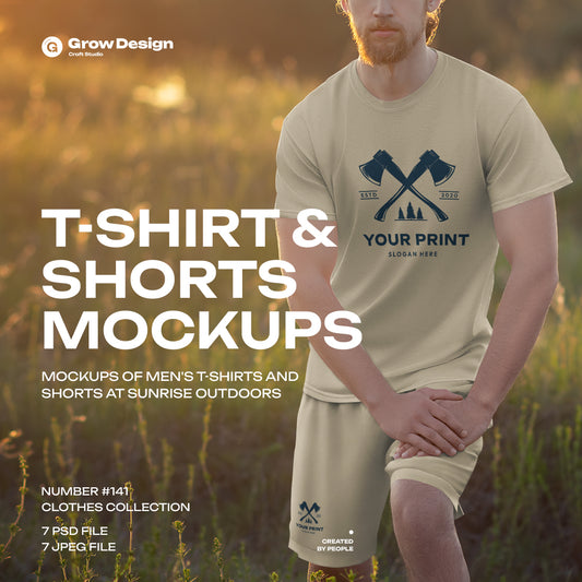 7 Mockups of Men's T-Shirt and Shorts Outdoors at Dawn