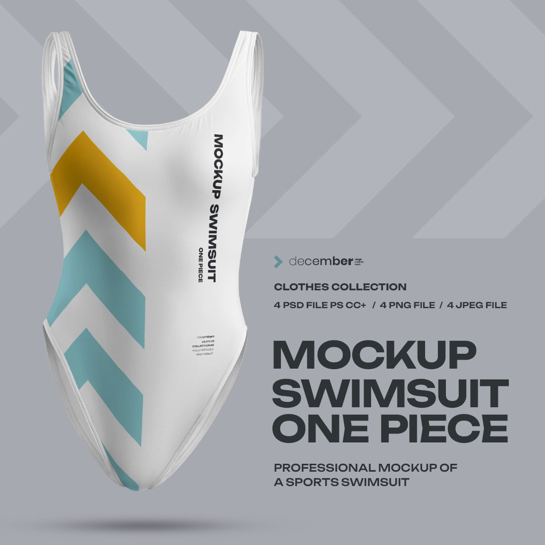 4 Mockups of a One Piece Sports Women's Swimsuit. 3D Style