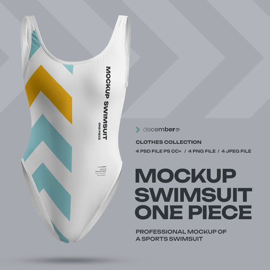 4 Mockups of a One Piece Sports Women's Swimsuit. 3D Style