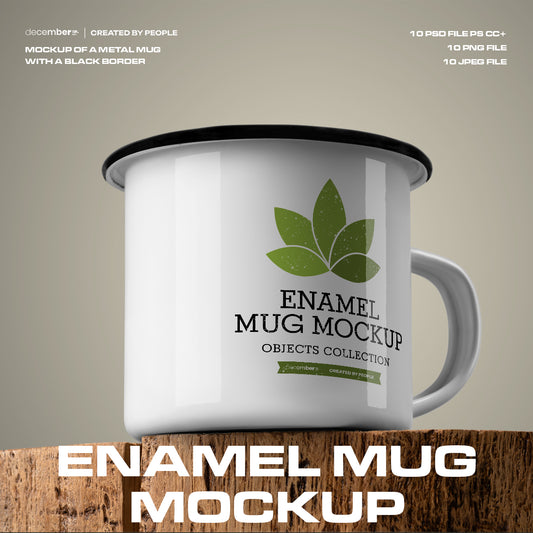 10 Mockups of Enamel Metal Mug with Black Border on Old Wood