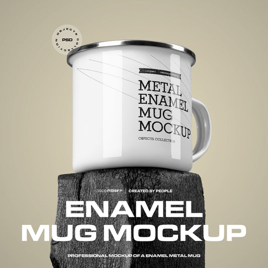 12 Mockups of Enamel Metal Mug on Burnt Wood Bar