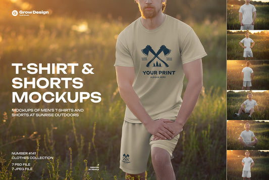7 Mockups of Men's T-Shirt and Shorts Outdoors at Dawn