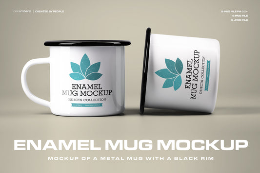 9 Mockups of Enamel Metal Mug with Black Rim