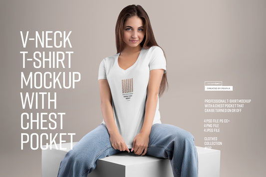 4 Mockup Woman V-Neck T-Shirt with a Chest Pocket
