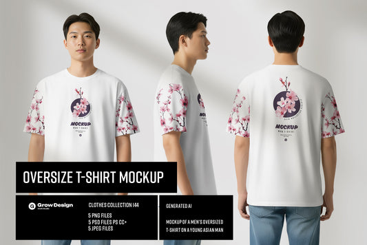 5 Oversized T-Shirt mockups on Asian Man. Vol.01. Generated AI