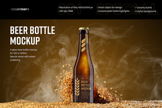 7 MockUps of Glass Beer Bottle With Flying Wheat