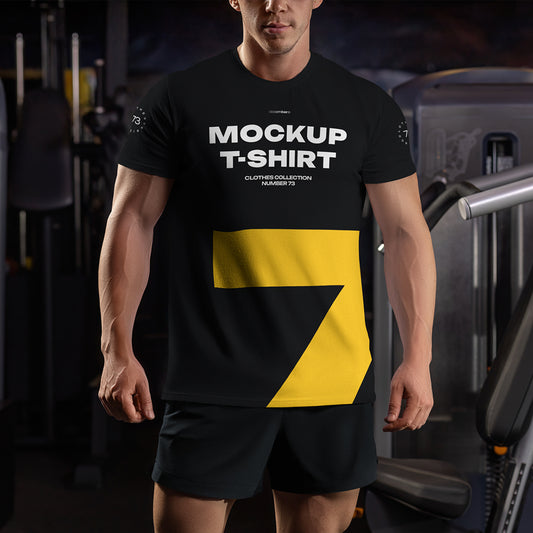 6 Mockups of the Men's T-shirt on the Bodybuilder in the Gym. T-shirt with a Round Neck
