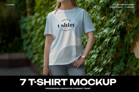 7 Mockups T-Shirt on a Girl Walking in the Green Street