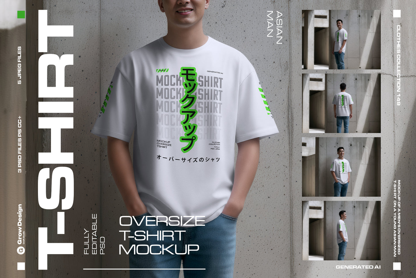 5 Oversized T-Shirt Mockups on Asian Man. Urban Series #1. Generated AI