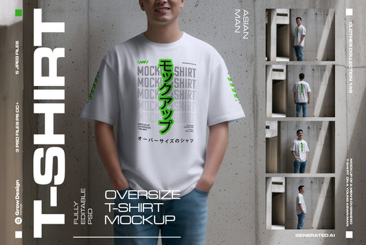 5 Oversized T-Shirt Mockups on Asian Man. Urban Series #1. Generated AI