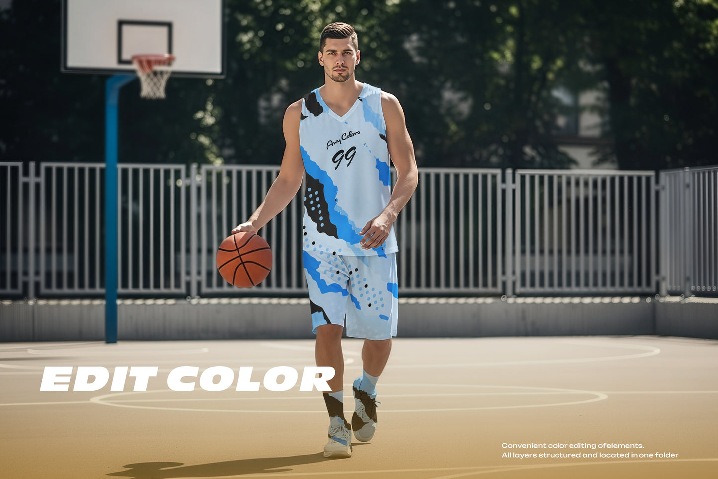 5 Basketball Uniform Mockups on a European Male on an Outdoor Court. Generated AI
